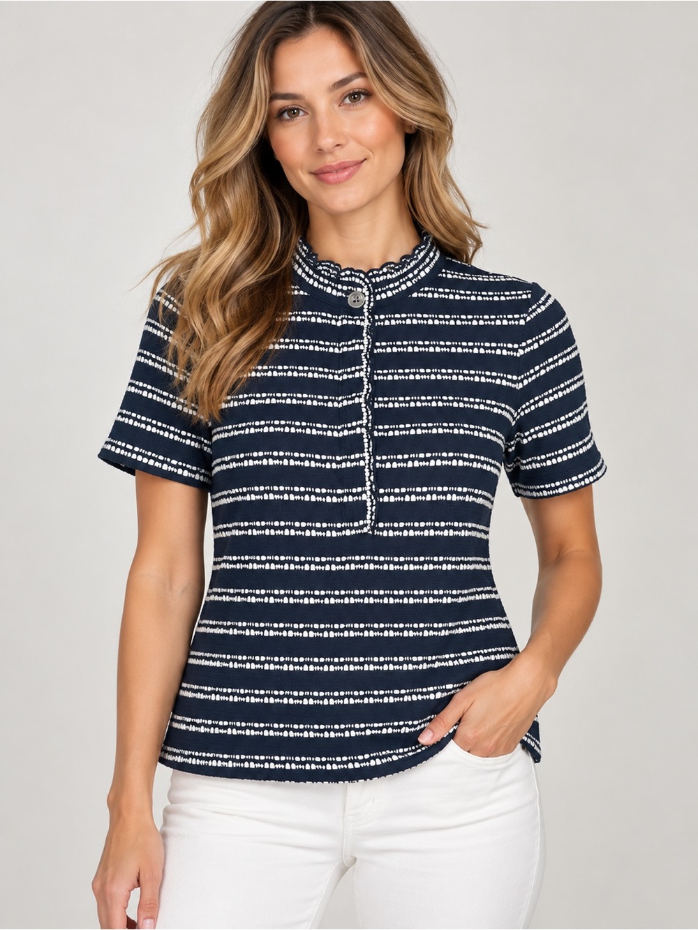 Tory Burch Women’s XS Lidia Dash Stripe Mock Neck Short Sleeve Knit Ruffle Top